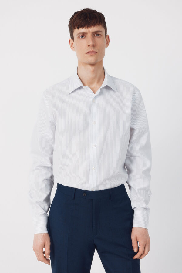 Cortefiel Camisa social riscas de algod&atilde;o tencel Azul