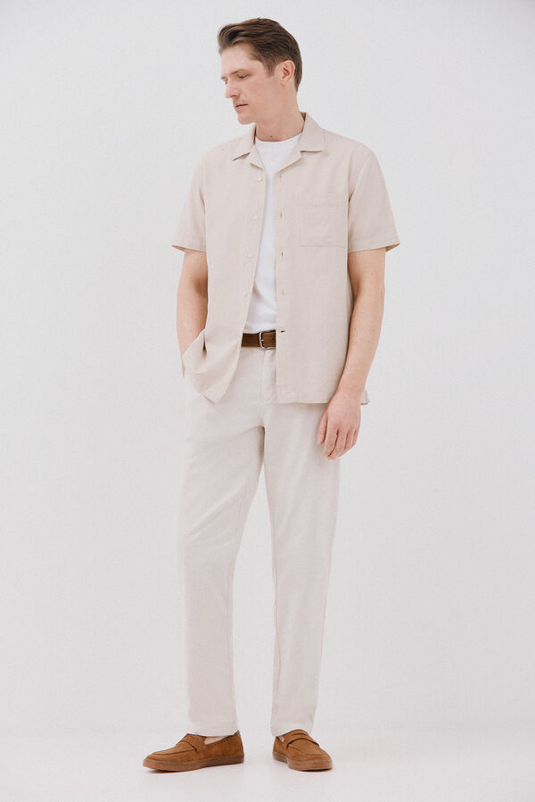 Cortefiel Camisa de manga curta de algod&atilde;o e linho simples Tostado