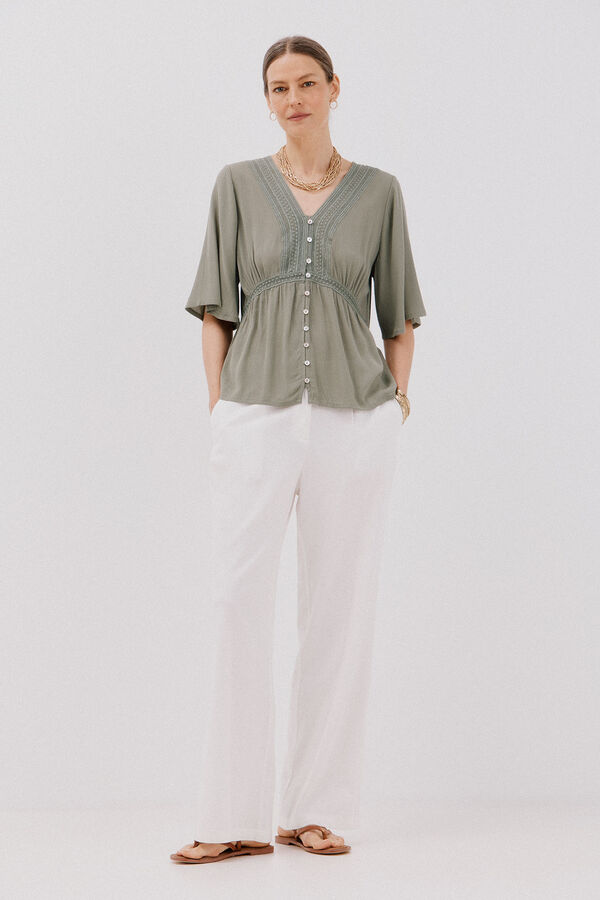 Cortefiel Blusa encaje volantes Kaki