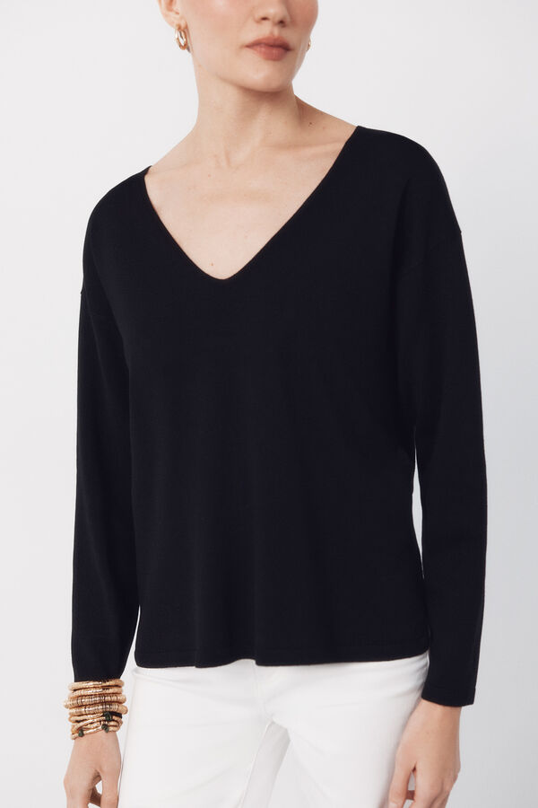 Cortefiel Camisola de malha decote bico Preto