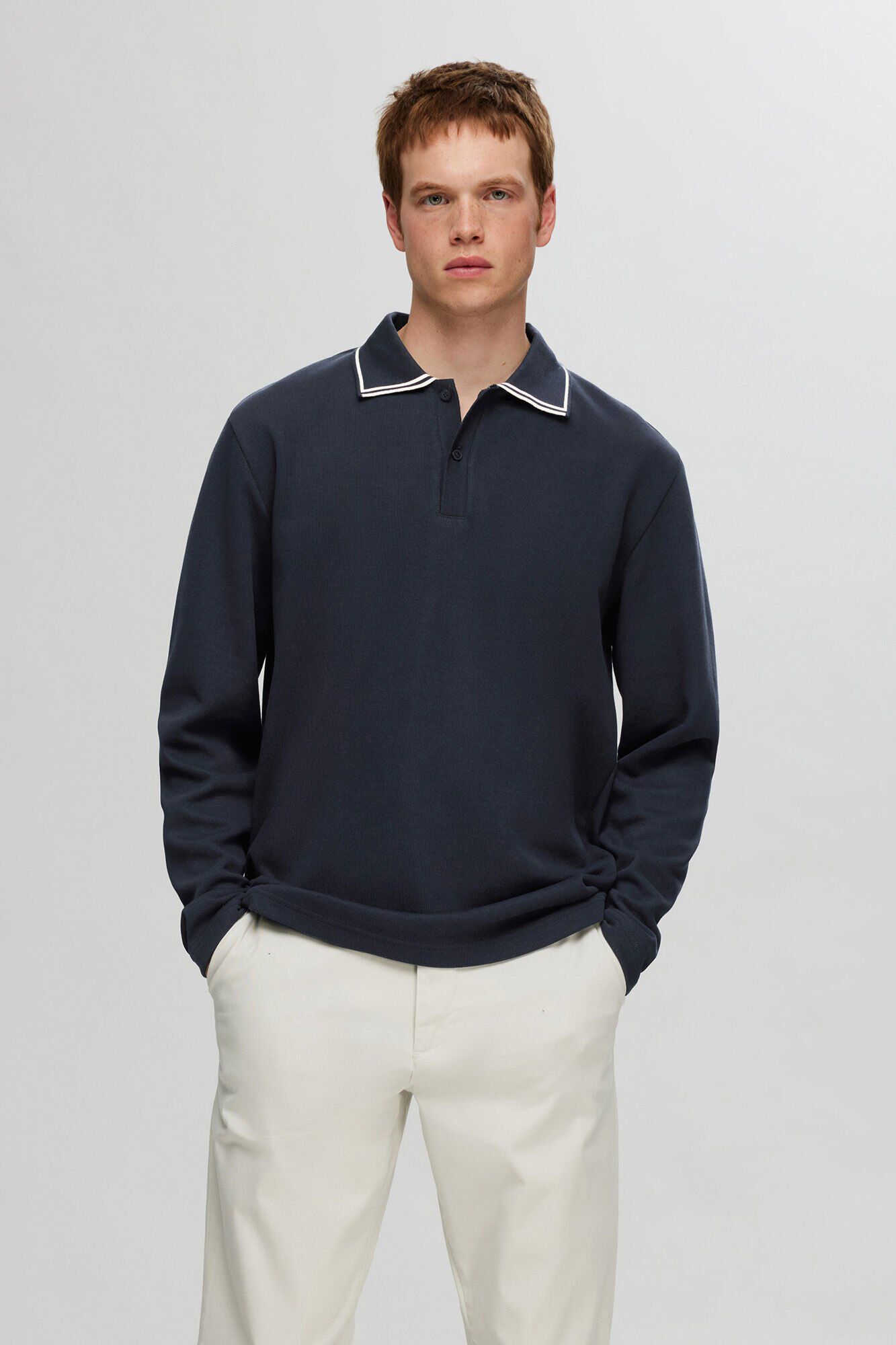 Selected Camisa p&oacute;lo de manga comprida confeccionada em 100% algod&atilde;o org&acirc;nico.