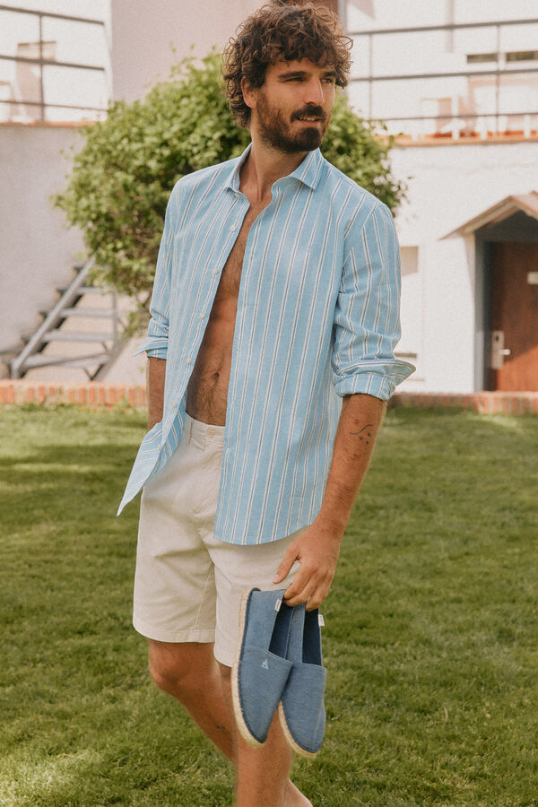 OOTO Camisa riscas algod&atilde;o linho manga comprida Azul