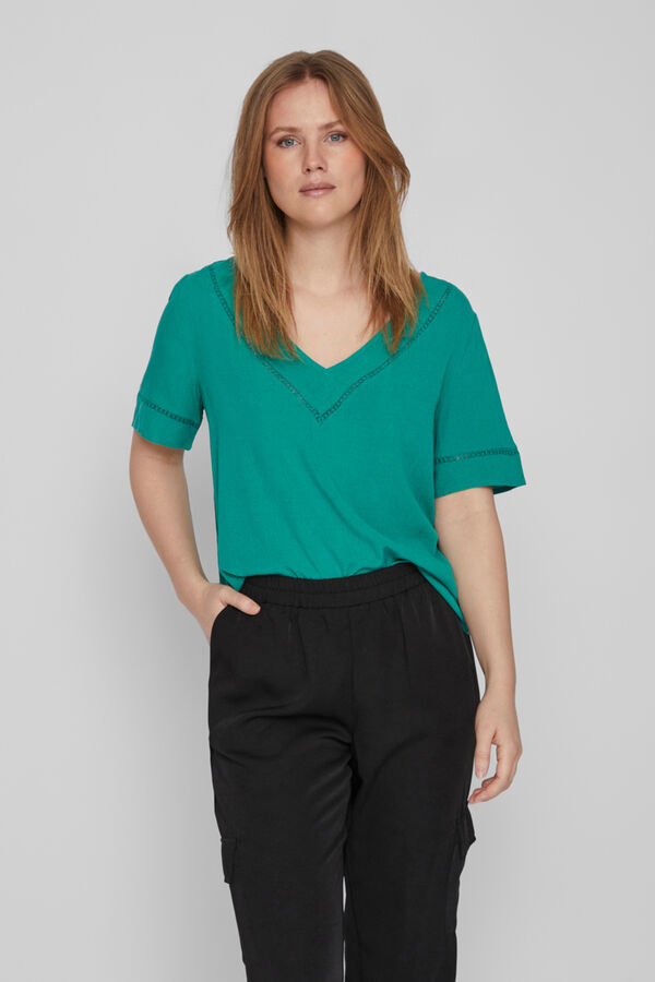 Vila T-shirt de mulher manga curta croch&eacute; Verde