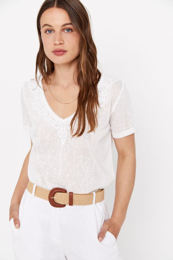 Cortefiel Camiseta efecto lino guipur Blanco