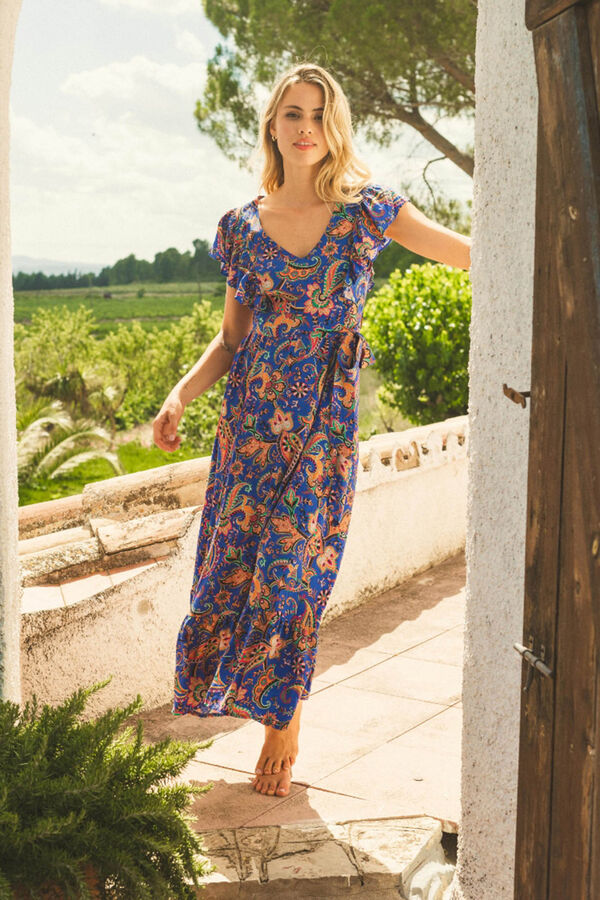 Jaase Vestido midi escote en V Estampado azul