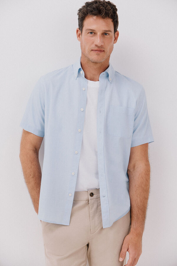 Cortefiel Camisa de algodão tencel de manga curta Azul