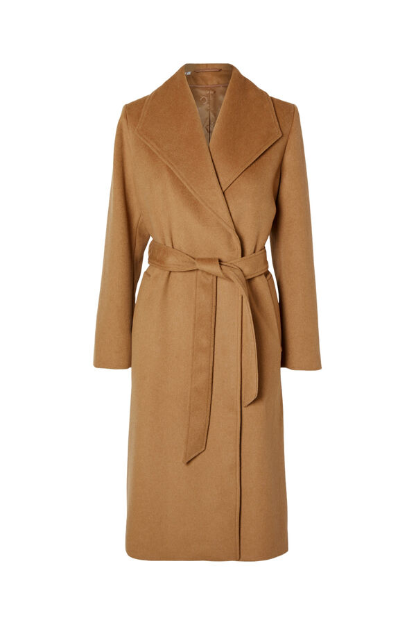 Selected Femme Abrigo wrap largo de lana con cintur&oacute;n. Marr&oacute;n