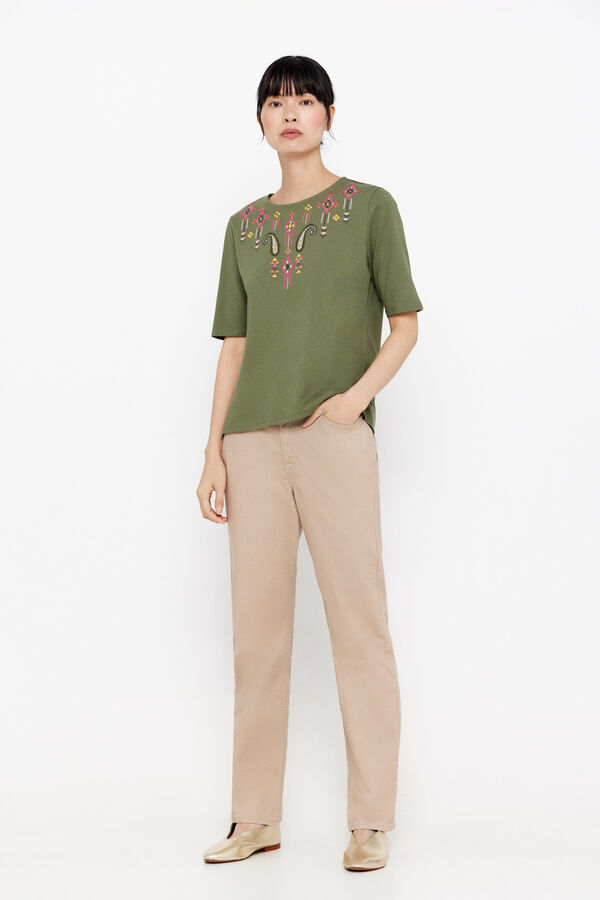 Cortefiel Camiseta bordada escote redondo Kaki