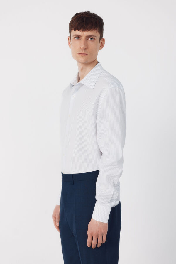 Cortefiel Camisa social riscas de algod&atilde;o tencel Azul