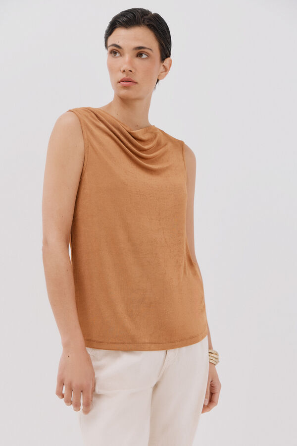 Cortefiel Top de malha drapeado de cetim Castanho