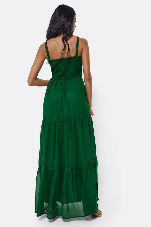 Cupl&eacute; Vestido comprido de al&ccedil;as, com renda e algod&atilde;o Verde