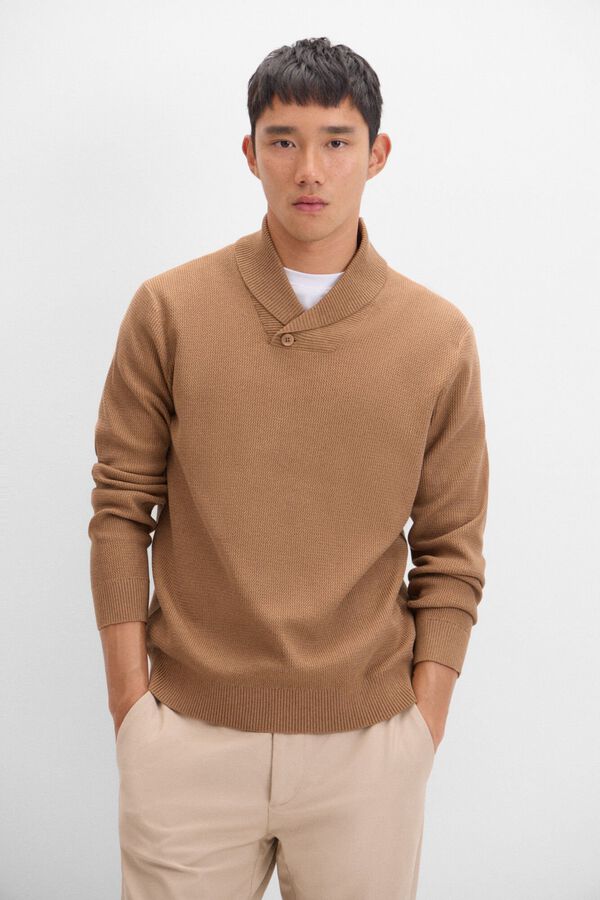 Cortefiel Camisola estruturada de algod&atilde;o com gola aberta Castanho