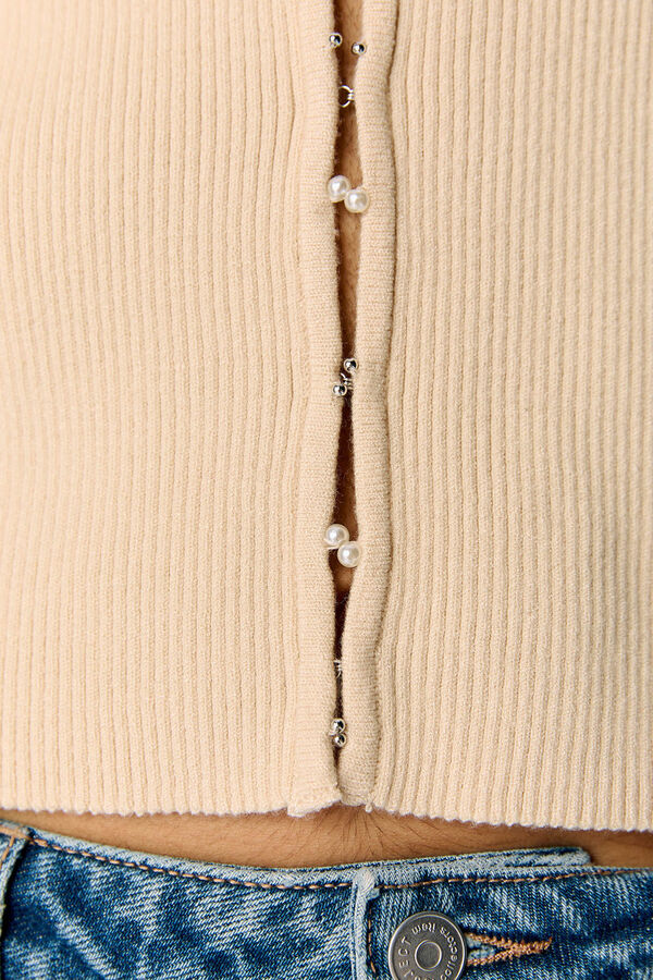 Object Cardigan canalé detalle perlas Gris