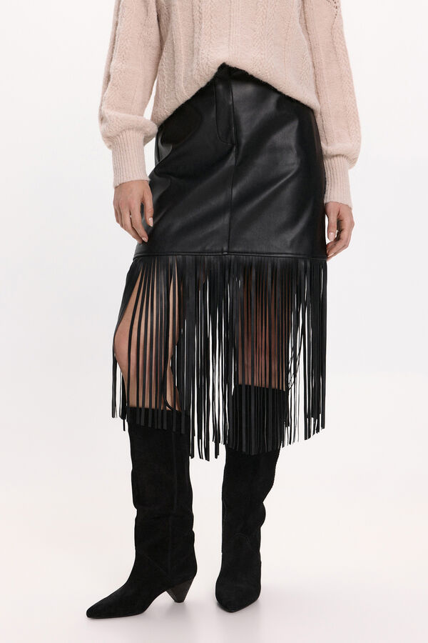 Vila Falda de polipiel con flecos Negro