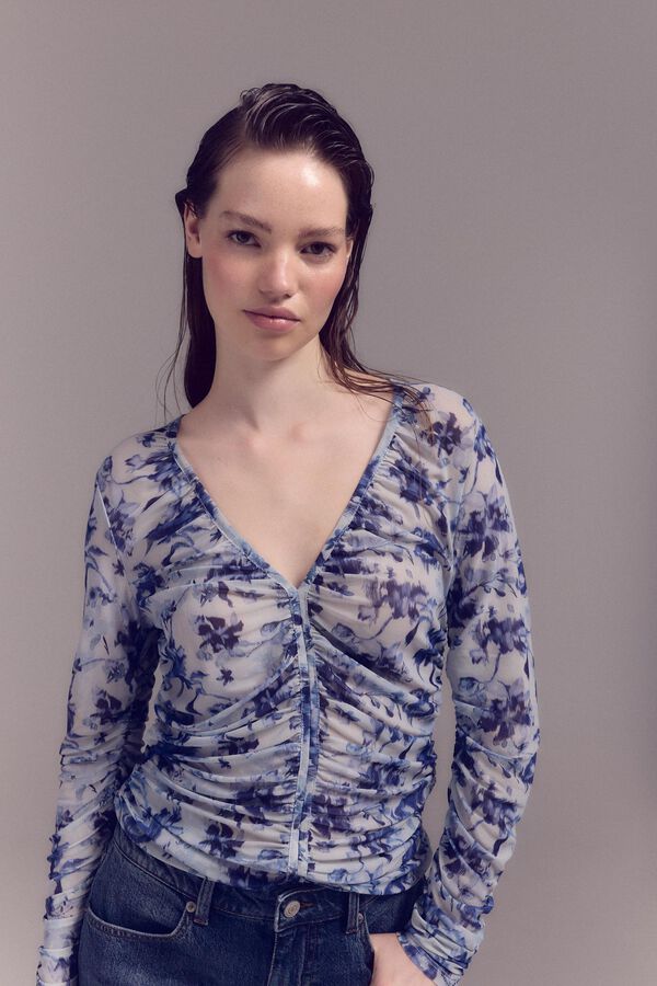Slowlove Top de tule estampado franzido Azul