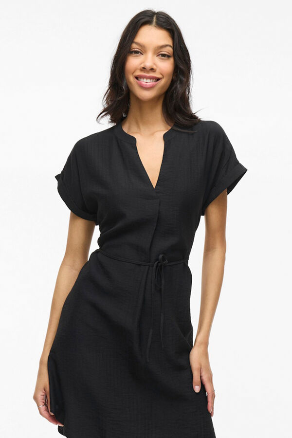 Vila Vestido curto com gola mao e viscose Preto