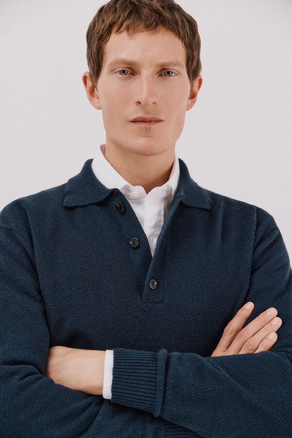 Cortefiel Jersey estructura lana cuello polo botones Azul marino