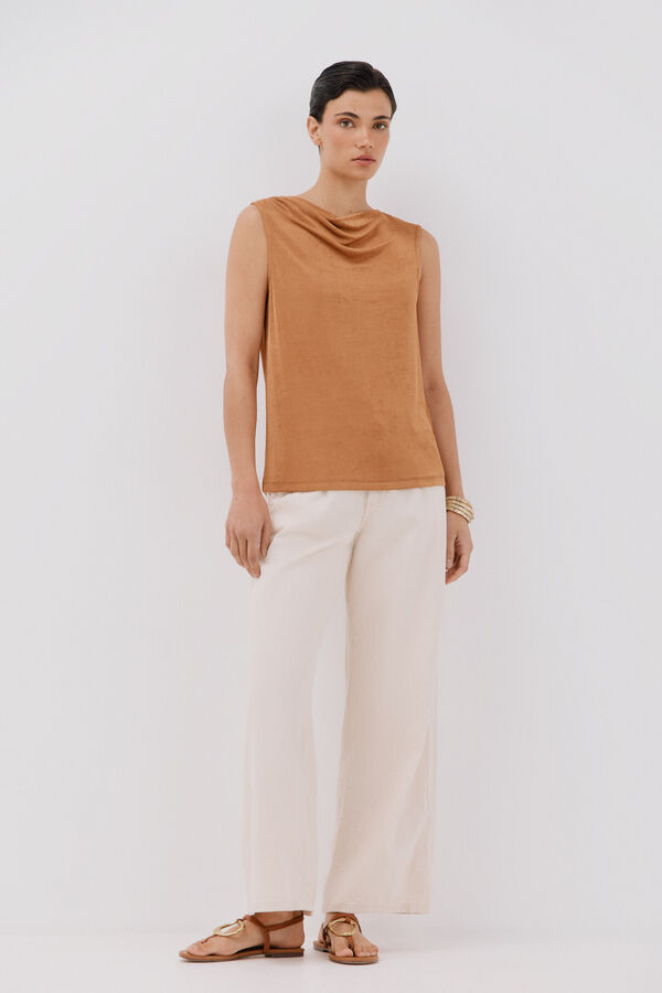 Cortefiel Top de malha drapeado de cetim Castanho