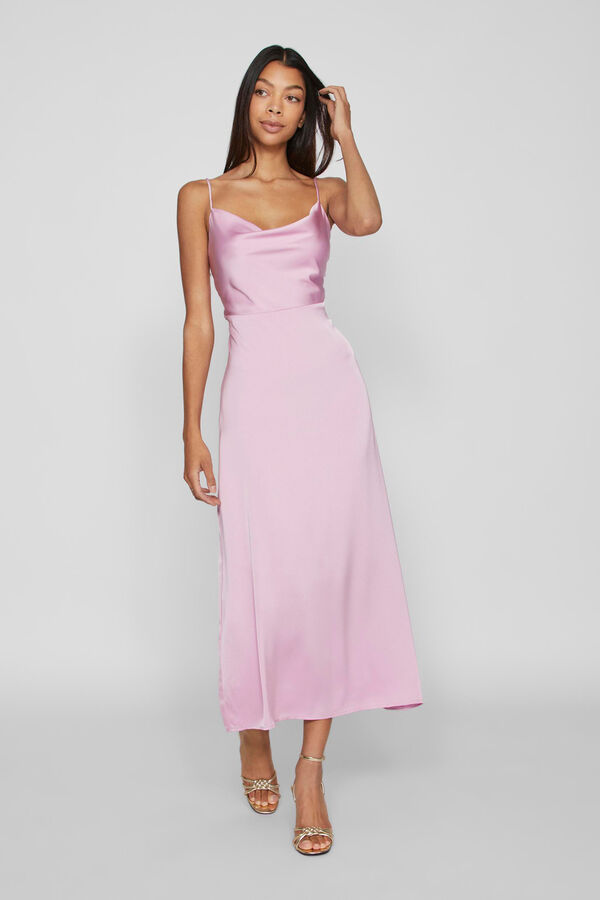 Vila Vestido largo satinado escote drapeado Lila