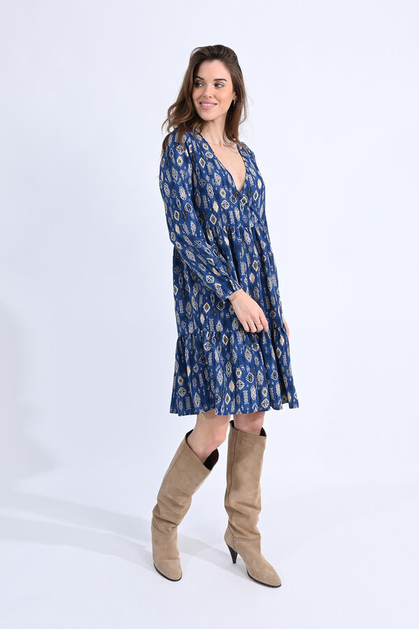 Molly Bracken Vestido cruzado de manga larga estampado Estampado azul