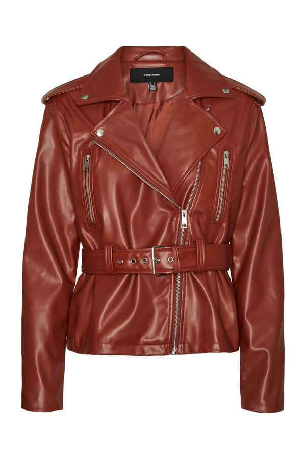 Vero Moda Chaqueta polipiel de mujer con cintur&oacute;n Marr&oacute;n oscuro