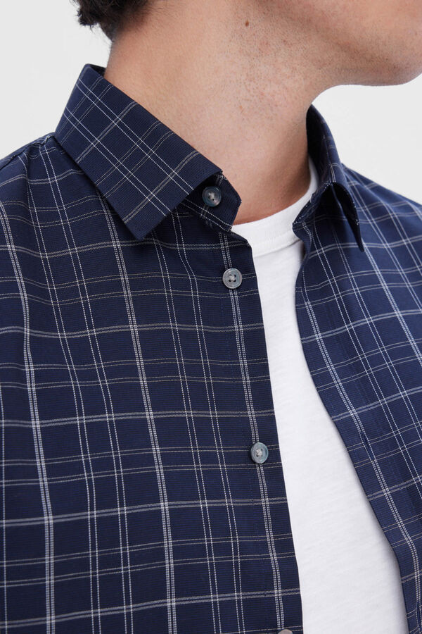 Cortefiel Camisa de cuadros regular fit de algodón orgánico. Azul oscuro