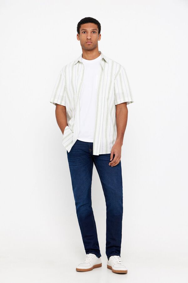 Cortefiel Camisa linho algod&atilde;o riscas curta Verde