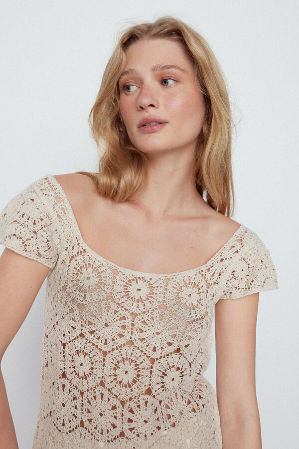 Slowlove Camiseta crop crochet Marfil