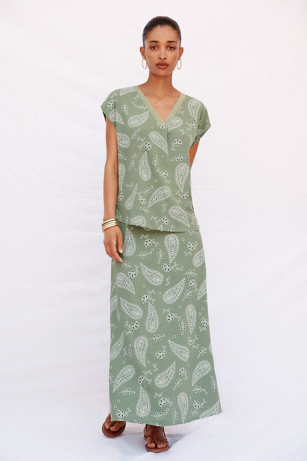 Cortefiel Falda midi evasé estampada Kaki