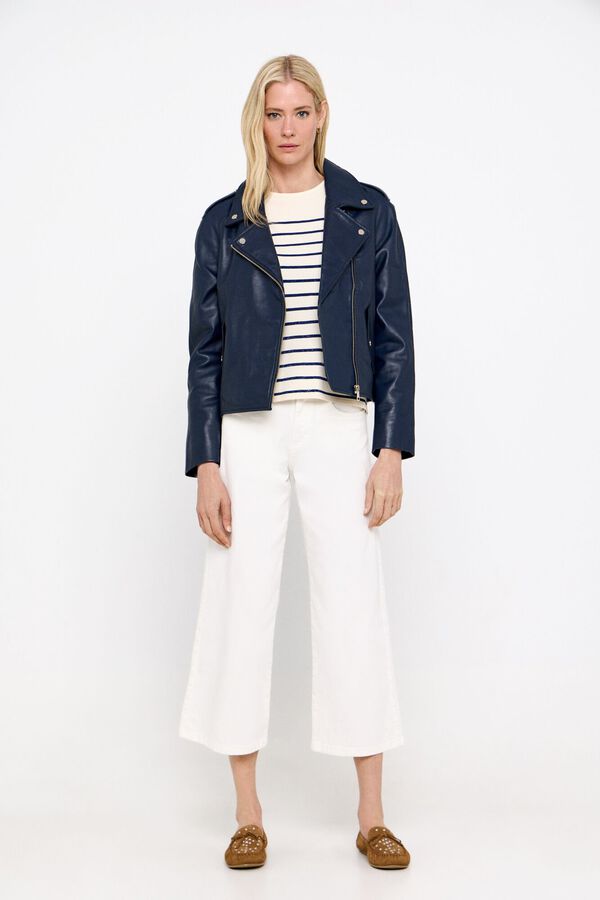 Cortefiel Cazadora piel biker corta Azul marino