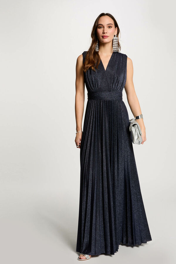 Morgan Vestido longo plissado reto Azul