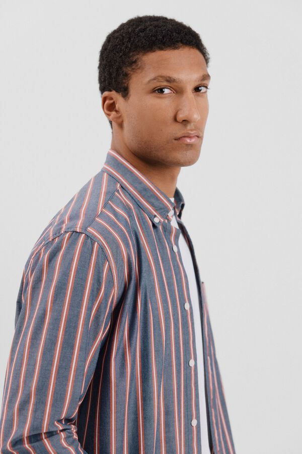 Cortefiel Camisa riscas de popelina Azul