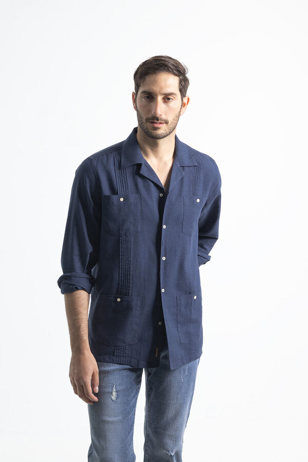 PuroEGO Camisa guayabera lino rafia Azul marino