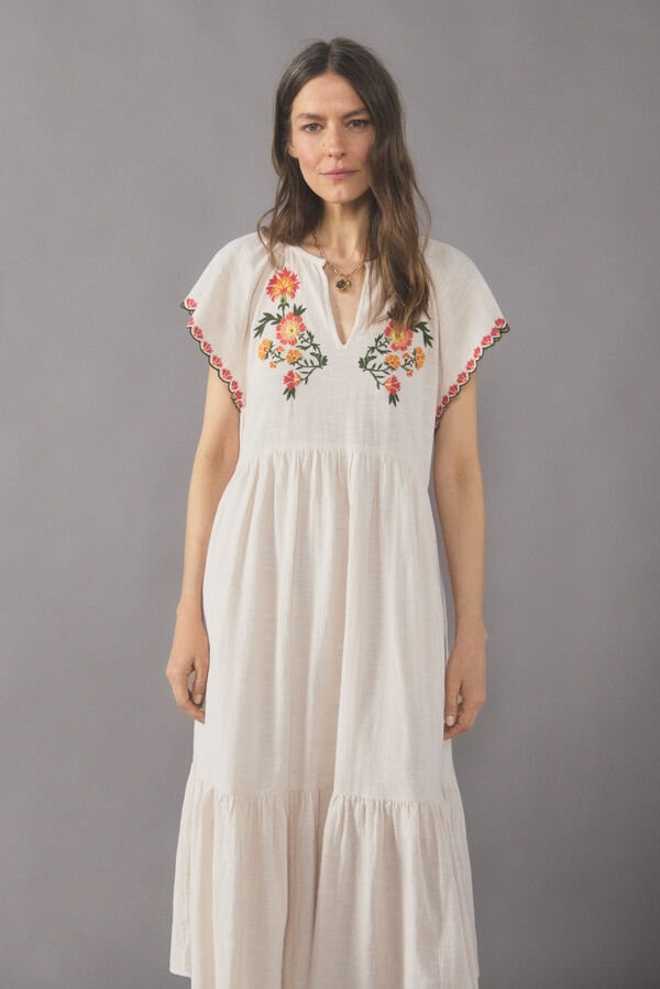 Cortefiel Vestido algod&oacute;n bordado Blanco