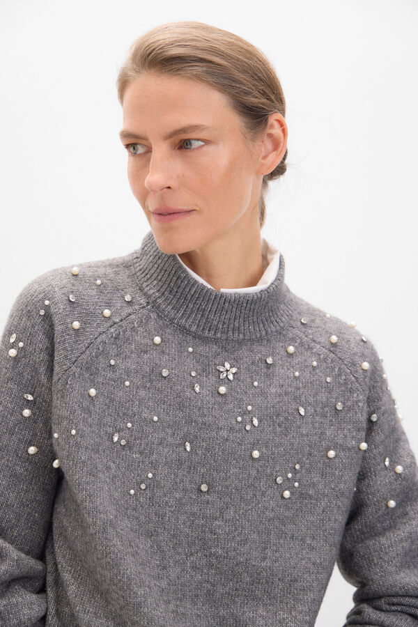 Cortefiel Su&eacute;ter com strass e p&eacute;rolas Cinzento