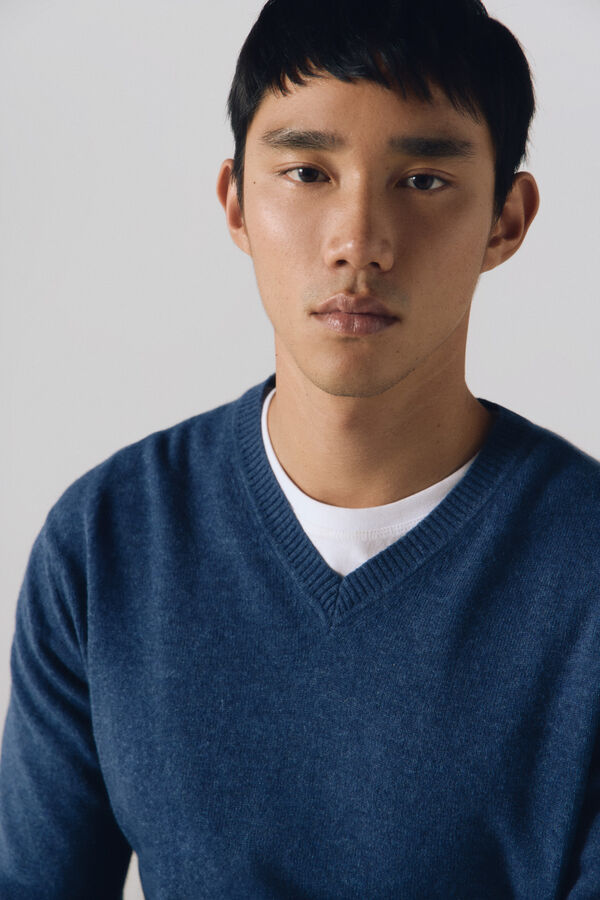 Cortefiel Camisola lã lambswool gola em bico Azul