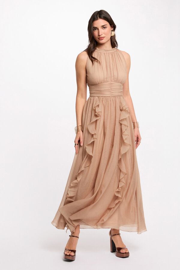 Morgan Vestido largo con cuello alto Beige