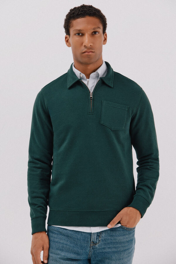 Cortefiel Sudadera cuello polo cremallera Verde oscuro