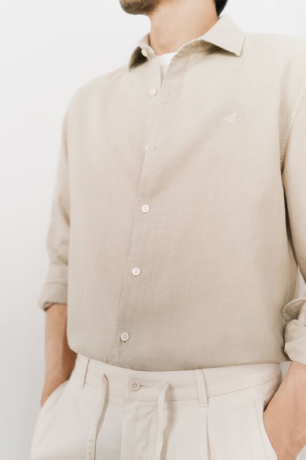 OOTO Camisa algodão linho manga comprida Tostado