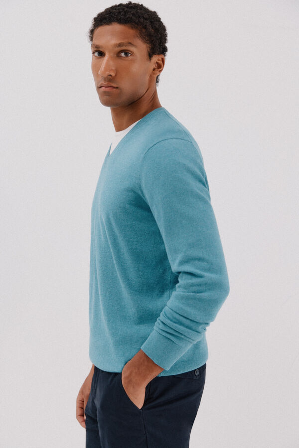 Cortefiel Camisola algod&atilde;o caxemira gola em bico Azul