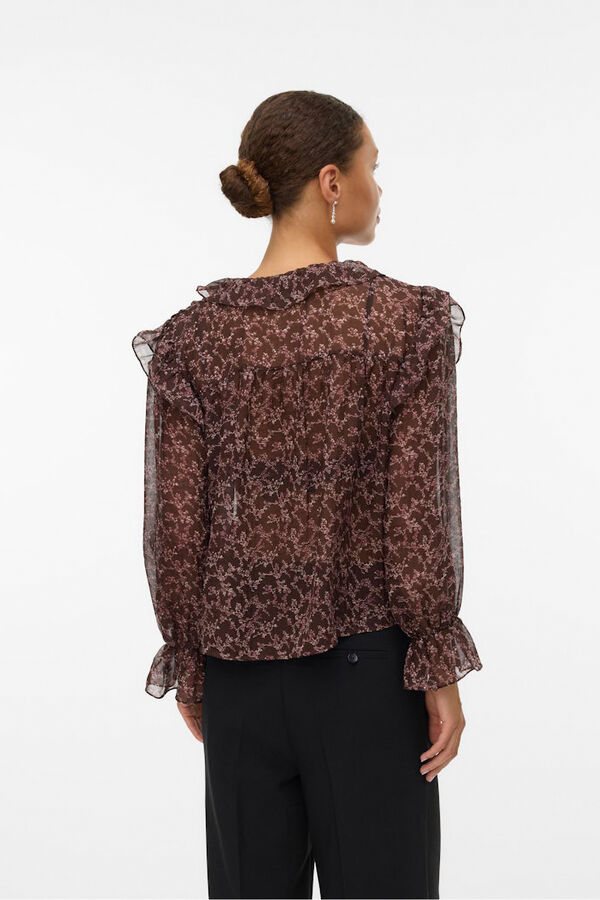 Vero Moda Camisa manga larga volantes Marr&oacute;n oscuro