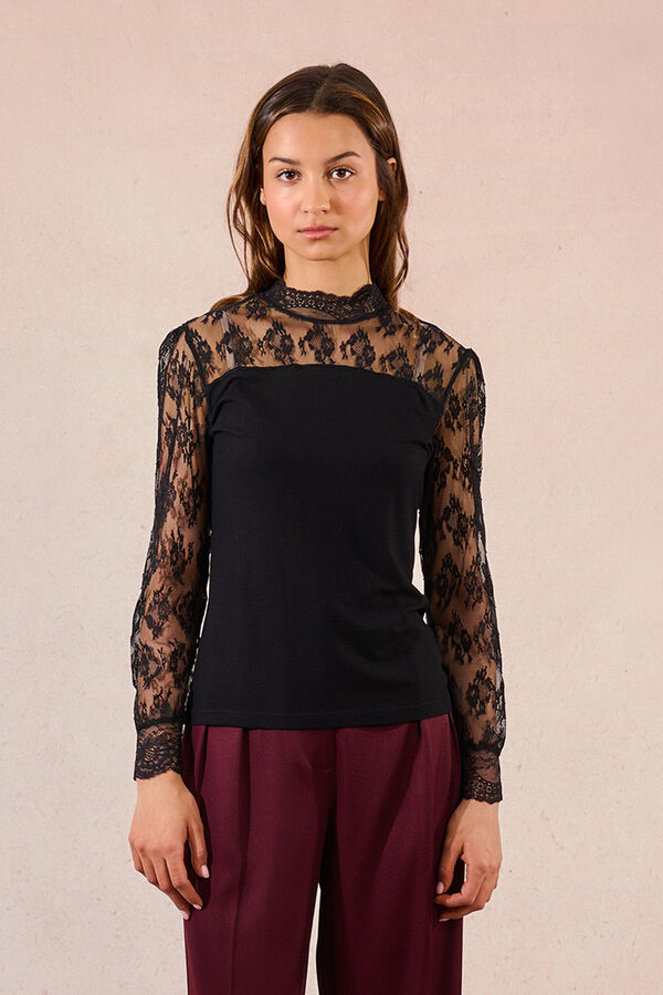 Molly Bracken Top de manga larga detalles de encaje Negro