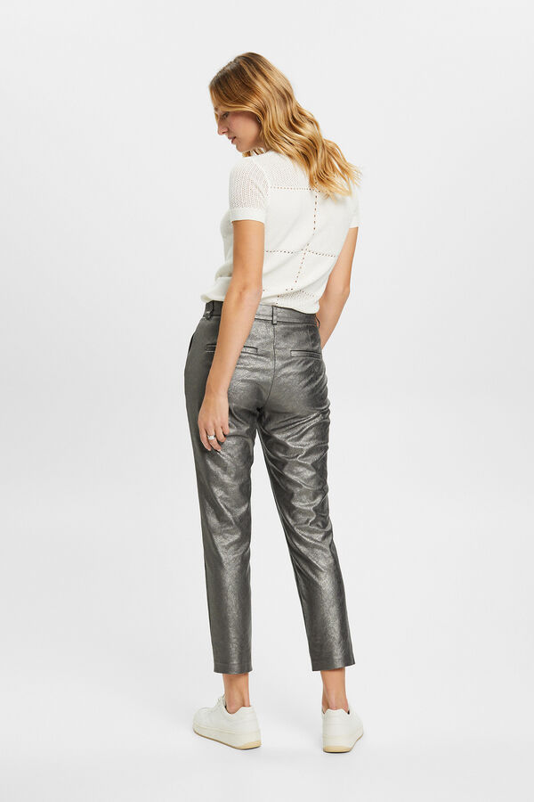 Esprit Calças com pinças metalizadas em efeito pele Cinzento