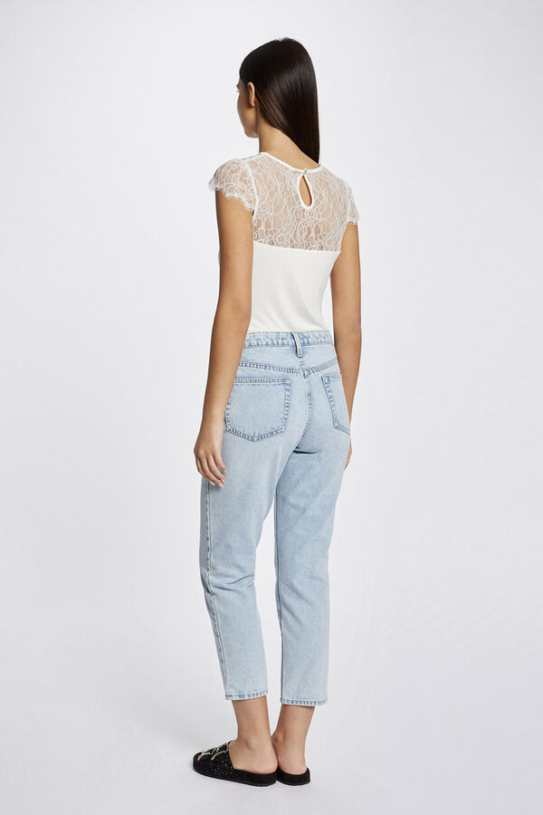 Morgan T-shirt manga curta com renda Ecru