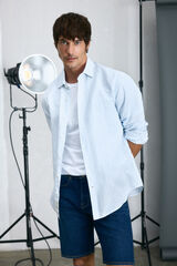 OOTO Camisa algod&atilde;o linho de raias  manga comprida Azul