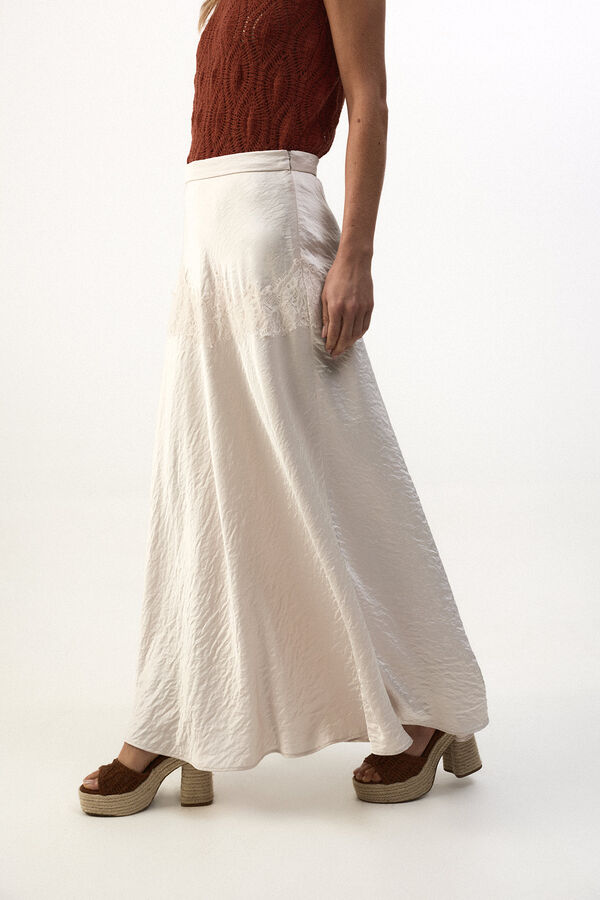 Slowlove Falda midi satinada con encaje Ecru
