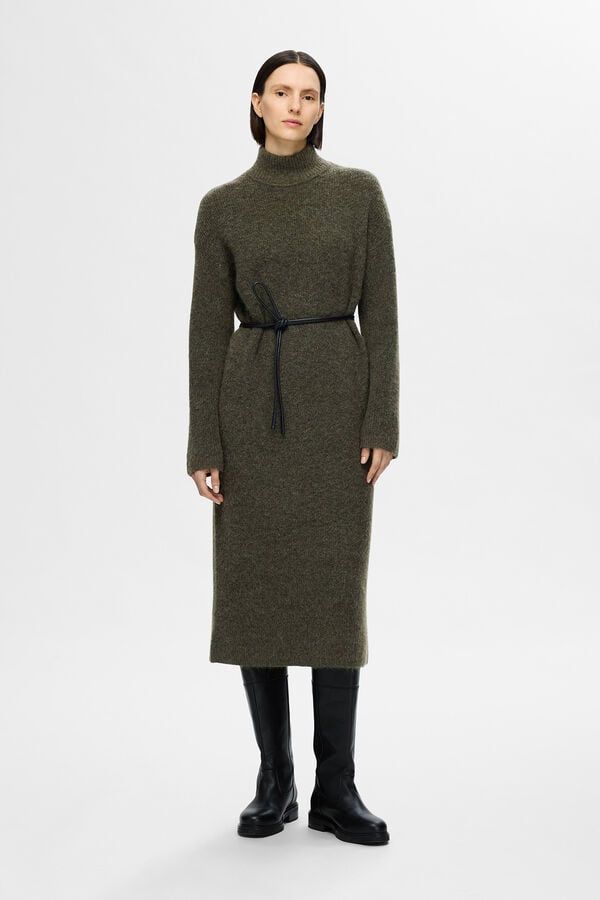 Selected Femme Vestido Midi de cuello alto confeccionado con lana Merino. Verde