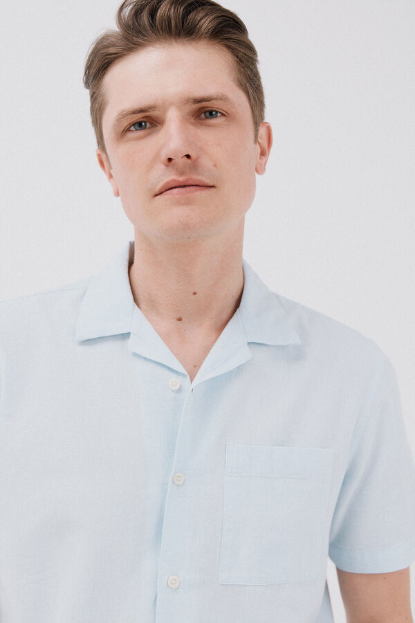Cortefiel Camisa de manga curta de algodão e linho simples Azul