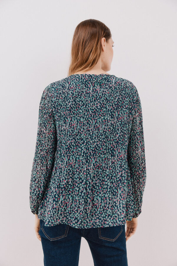 Cortefiel Blusa plisada escote pico Estampado azul