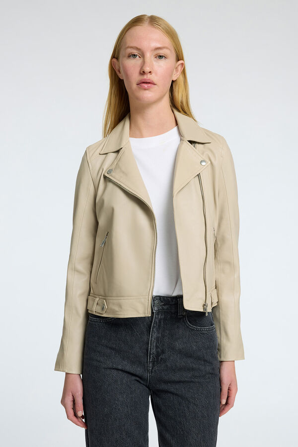 Selected Cazadora Biker Cropped 100% piel. Beige